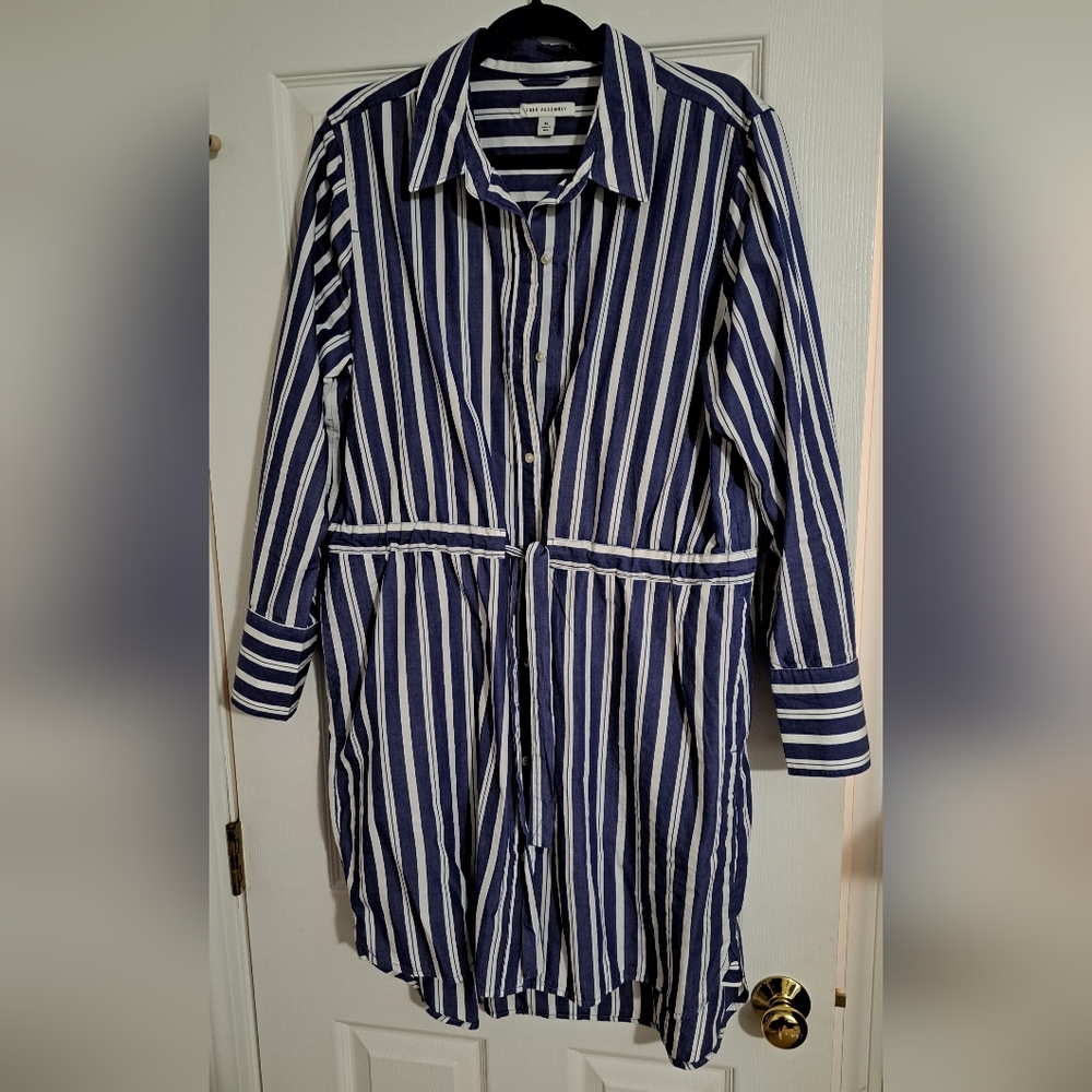 Free Assembly Button Down Collared Drawstring Tie Dress